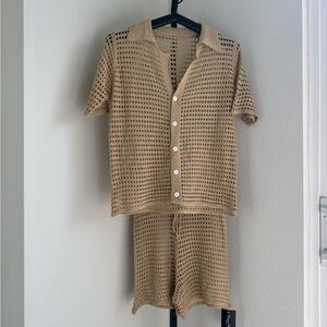 Tan Crochet Button-Up Shirt and Shorts Set